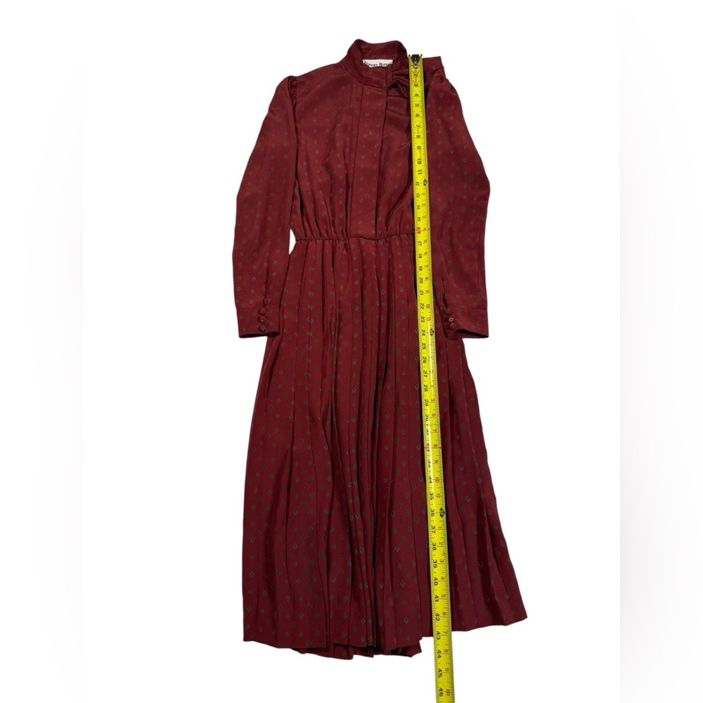 VTG Albert Nipon Red Midi Dress Sz 4 Saks Fifth Avenue Long Sleeve Pleated ILGWU - Picture 3 of 11